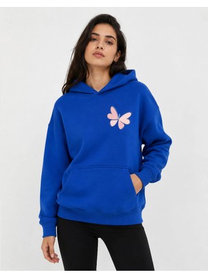 herkesemoda Kelebek Baskılı Kapüşonlu 2 Iplik Şardonlu Sweatshirt