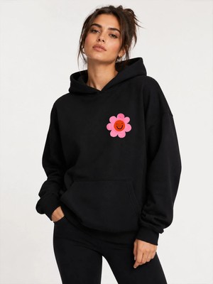 herkesemoda Emoji Çiçek Baskılı Kapüşonlu 2 Iplik Şardonlu Sweatshirt