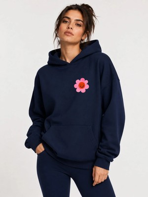 herkesemoda Emoji Çiçek Baskılı Kapüşonlu 2 Iplik Şardonlu Sweatshirt