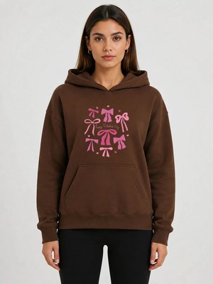 herkesemoda Minik Kurdeleler Baskılı Kapüşonlu 2 Iplik Şardonlu Sweatshirt