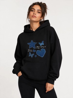 herkesemoda Kot Efektli Baskılı Kapüşonlu 2 Iplik Şardonlu Sweatshirt