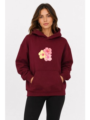 herkesemoda Çiçek Baskılı Kapüşonlu 2 Iplik Şardonlu Sweatshirt