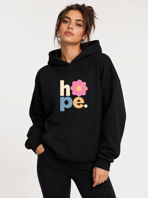herkesemoda Hope Çiçek Baskılı Kapüşonlu 2 Iplik Şardonlu Sweatshirt