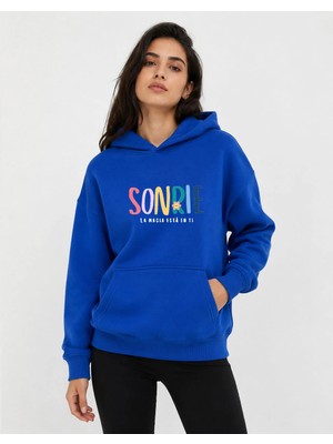 herkesemoda Sonrie Baskılı Kapüşonlu 2 Iplik Şardonlu Sweatshirt