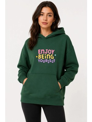 herkesemoda Enjoy Being Baskılı Kapüşonlu 2 Iplik Şardonlu Sweatshirt