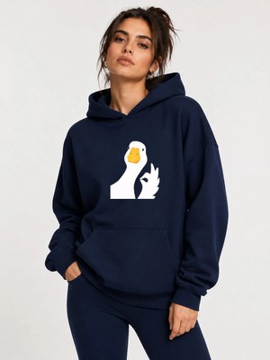 herkesemoda Ördek Baskılı Kapüşonlu 2 Iplik Şardonlu Sweatshirt