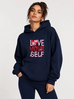 herkesemoda Love Your Self Baskılı Kapüşonlu 2 Iplik Şardonlu Sweatshirt