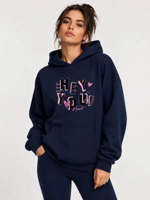 herkesemoda Hey You Baskılı Kapüşonlu 2 Iplik Şardonlu Sweatshirt