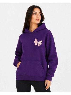 herkesemoda Kelebek Baskılı Kapüşonlu 2 Iplik Şardonlu Sweatshirt