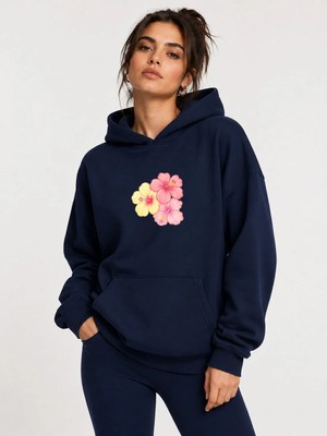 herkesemoda Çiçek Baskılı Kapüşonlu 2 Iplik Şardonlu Sweatshirt