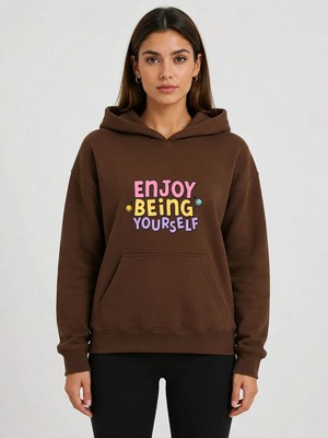 herkesemoda Enjoy Being Baskılı Kapüşonlu 2 Iplik Şardonlu Sweatshirt