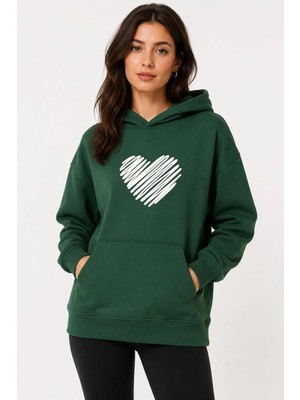 herkesemoda Kırmızı Kalp Baskılı Kapüşonlu 2 Iplik Şardonlu Sweatshirt