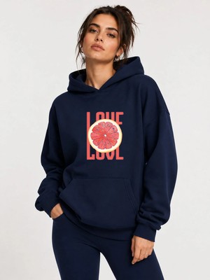 herkesemoda Portakal Dilimi Baskılı Kapüşonlu 2 Iplik Şardonlu Sweatshirt