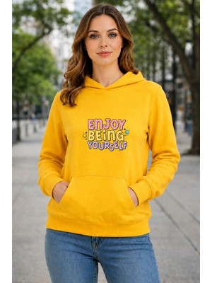 herkesemoda Enjoy Being Baskılı Kapüşonlu 2 Iplik Şardonlu Sweatshirt