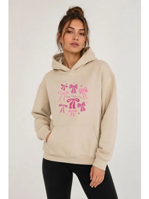 herkesemoda Minik Kurdeleler Baskılı Kapüşonlu 2 Iplik Şardonlu Sweatshirt