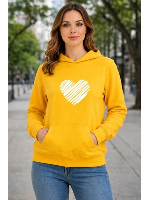 herkesemoda Kırmızı Kalp Baskılı Kapüşonlu 2 Iplik Şardonlu Sweatshirt