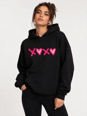 herkesemoda Xoxo Baskılı Kapüşonlu 2 Iplik Şardonlu Sweatshirt