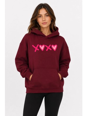 herkesemoda Xoxo Baskılı Kapüşonlu 2 Iplik Şardonlu Sweatshirt