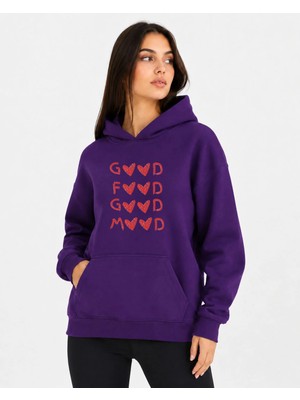 herkesemoda Harf ve Mini Kalpler Baskılı Kapüşonlu 2 Iplik Şardonlu Sweatshirt