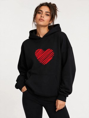herkesemoda Kırmızı Kalp Baskılı Kapüşonlu 2 Iplik Şardonlu Sweatshirt