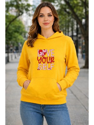 herkesemoda Love Your Self Baskılı Kapüşonlu 2 Iplik Şardonlu Sweatshirt