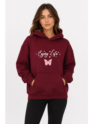 herkesemoda Enjoy Life Baskılı Kapüşonlu 2 Iplik Şardonlu Sweatshirt