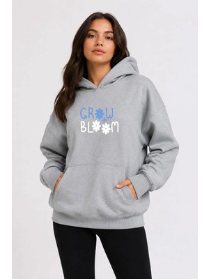 herkesemoda Grow Bloom Baskılı Kapüşonlu 2 Iplik Şardonlu Sweatshirt