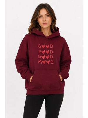 herkesemoda Harf ve Mini Kalpler Baskılı Kapüşonlu 2 Iplik Şardonlu Sweatshirt