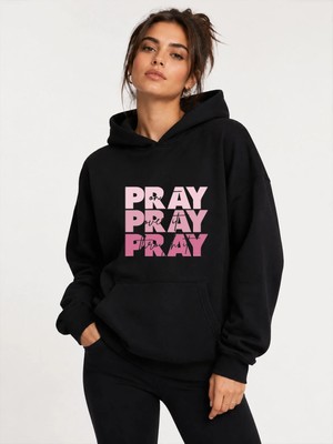 herkesemoda Pray Baskılı Kapüşonlu 2 Iplik Şardonlu Sweatshirt