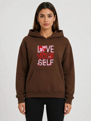 herkesemoda Love Your Self Baskılı Kapüşonlu 2 Iplik Şardonlu Sweatshirt