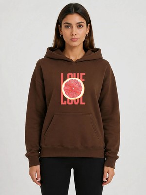 herkesemoda Portakal Dilimi Baskılı Kapüşonlu 2 Iplik Şardonlu Sweatshirt