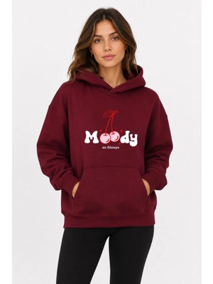 herkesemoda Kiraz Baskılı Kapüşonlu 2 Iplik Şardonlu Sweatshirt