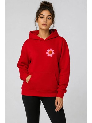 herkesemoda Emoji Çiçek Baskılı Kapüşonlu 2 Iplik Şardonlu Sweatshirt