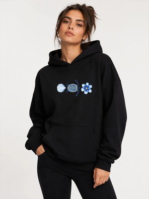 herkesemoda Deniz Temalı Kaplumbağa Baskılı Kapüşonlu 2 Iplik Şardonlu Sweatshirt