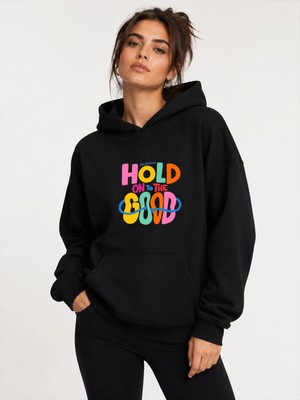 herkesemoda Hold Good Baskılı Kapüşonlu 2 Iplik Şardonlu Sweatshirt