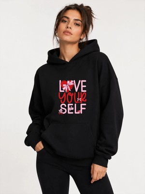 herkesemoda Love Your Self Baskılı Kapüşonlu 2 Iplik Şardonlu Sweatshirt