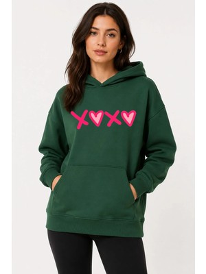 herkesemoda Xoxo Baskılı Kapüşonlu 2 Iplik Şardonlu Sweatshirt