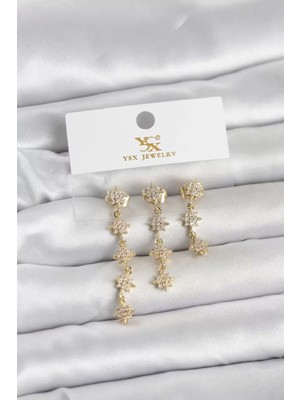 Renas Store Pirinç Gold Renk Sıralı Kutup Yıldızı Model 3'lü Kadın Küpe - TJ-BKP11715