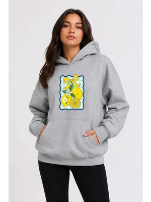 herkesemoda Limon Baskılı Kapüşonlu 2 Iplik Şardonlu Sweatshirt