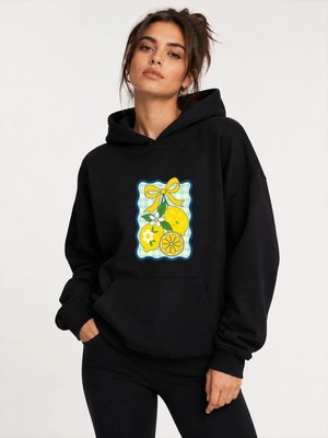 herkesemoda Limon Baskılı Kapüşonlu 2 Iplik Şardonlu Sweatshirt