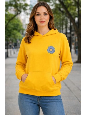 herkesemoda Papatya Baskılı Kapüşonlu 2 Iplik Şardonlu Sweatshirt