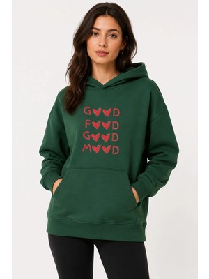 herkesemoda Harf ve Mini Kalpler Baskılı Kapüşonlu 2 Iplik Şardonlu Sweatshirt
