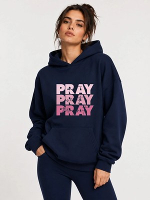 herkesemoda Pray Baskılı Kapüşonlu 2 Iplik Şardonlu Sweatshirt