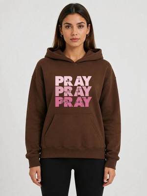 herkesemoda Pray Baskılı Kapüşonlu 2 Iplik Şardonlu Sweatshirt