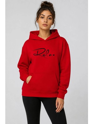 herkesemoda Relax Baskılı Kapüşonlu 2 Iplik Şardonlu Sweatshirt
