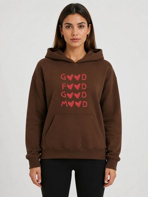 herkesemoda Harf ve Mini Kalpler Baskılı Kapüşonlu 2 Iplik Şardonlu Sweatshirt