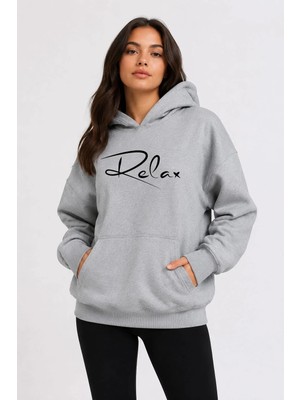 herkesemoda Relax Baskılı Kapüşonlu 2 Iplik Şardonlu Sweatshirt