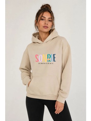 herkesemoda Sonrie Baskılı Kapüşonlu 2 Iplik Şardonlu Sweatshirt