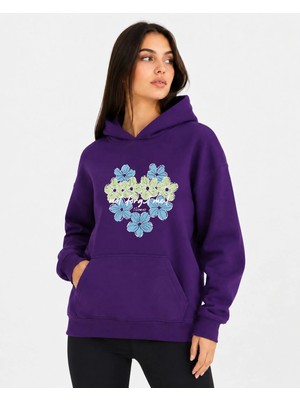 herkesemoda Kalp Çiçek Baskılı Kapüşonlu 2 Iplik Şardonlu Sweatshirt