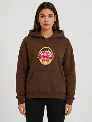 herkesemoda Çiçek Sepeti Baskılı Kapüşonlu 2 Iplik Şardonlu Sweatshirt